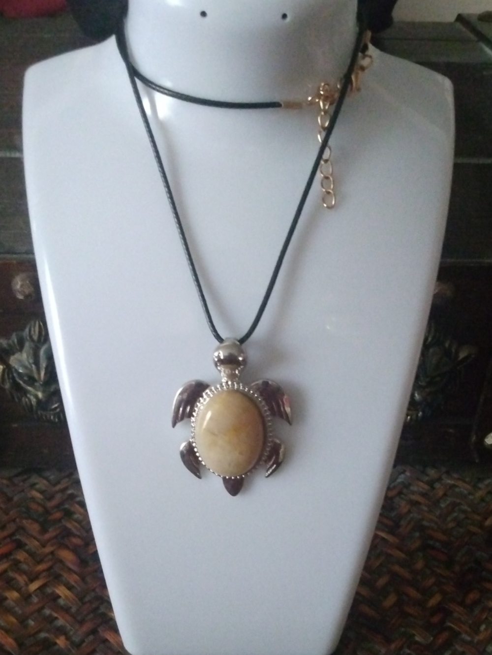 Turtle Pendant Necklace with Golden Beige Stone - Women Jewelry